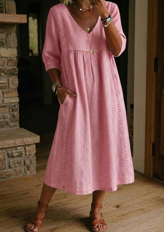 Casual Loose V-Neck Lace Trim Linen Cotton Dress 