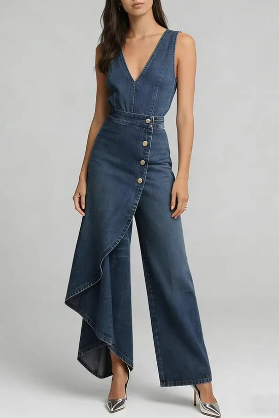 Western-style V-neck Asymmetrical Denim Jumpsuit 