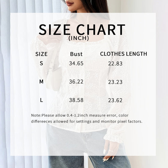 Women's Square Neck Puff Sleeve Eyelet Lace Hollow Out Button Top Blouse 