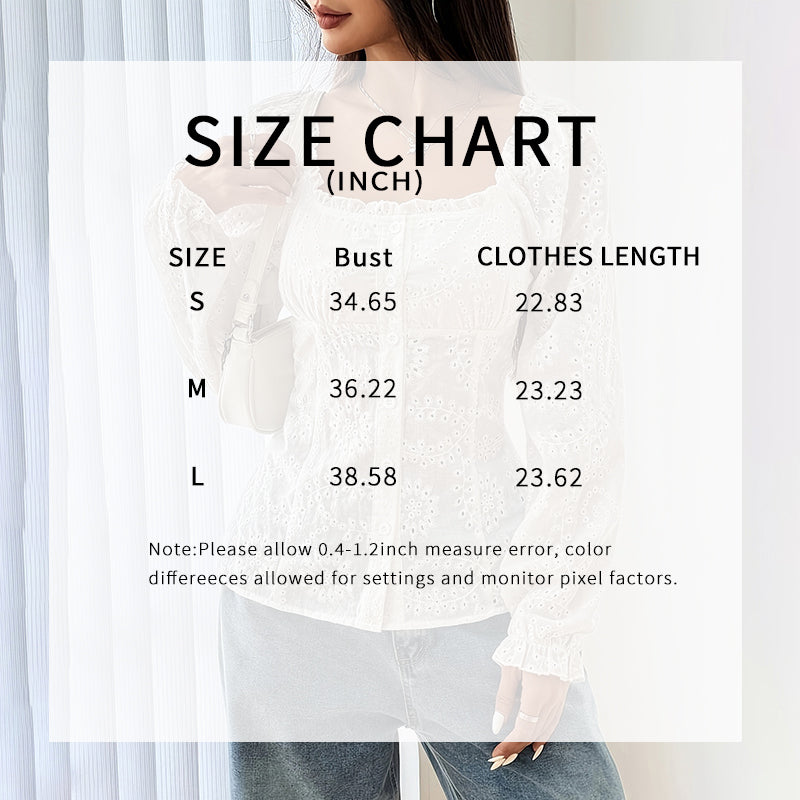 Women's Square Neck Puff Sleeve Eyelet Lace Hollow Out Button Top Blouse 