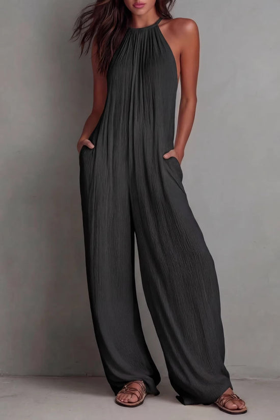 Resort-style White Pleated Open-back Wide-leg Jumpsuit 
