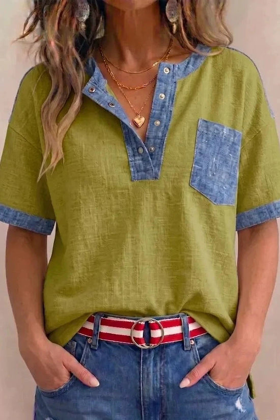 Women's Casual Loose-Fitting Patchwork Short-Sleeve Top 