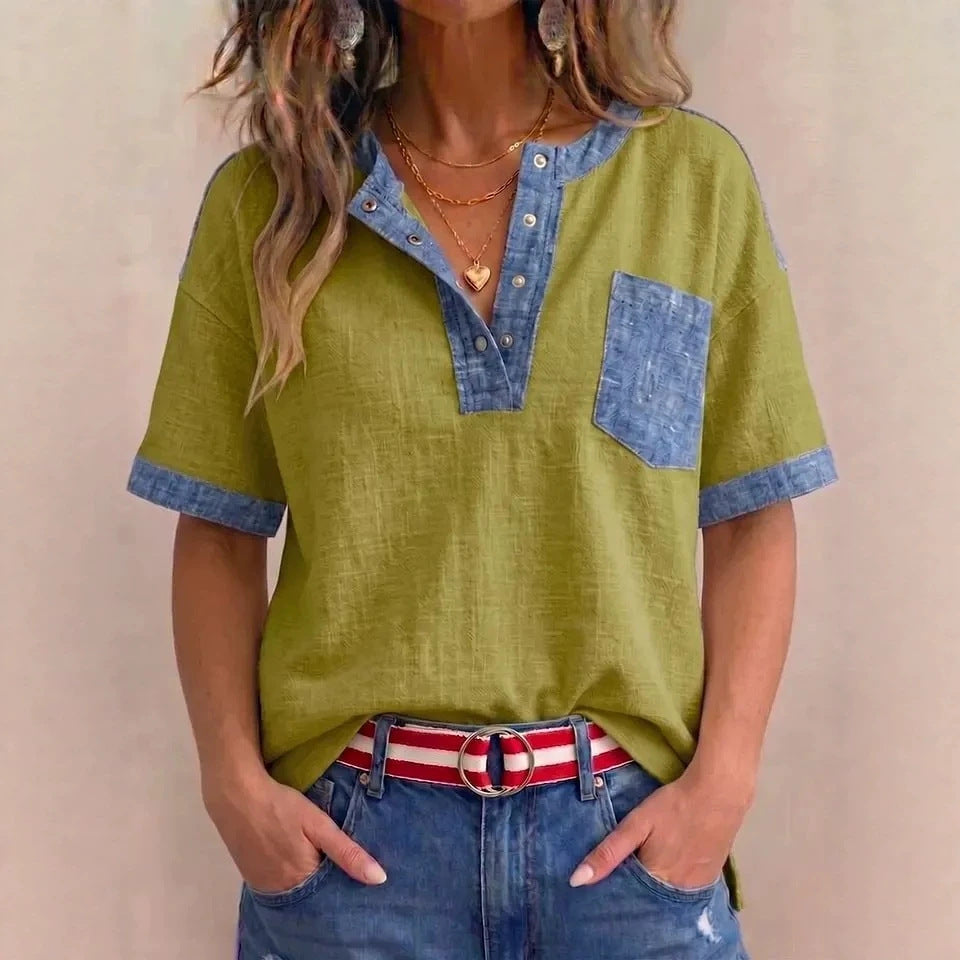 Women's Casual Loose-Fitting Patchwork Short-Sleeve Top 