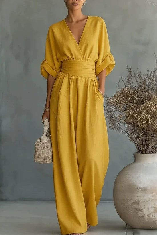 Summer Short-sleeved Jumpsuit Fashion Casual V-Neck Wide-Leg Pants Womens Clothing 