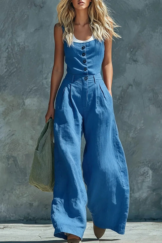 2026 European And American Cross-border Foreign Trade New Style Retro Button Front Opening High Waist Wide Leg Jumpsuit 