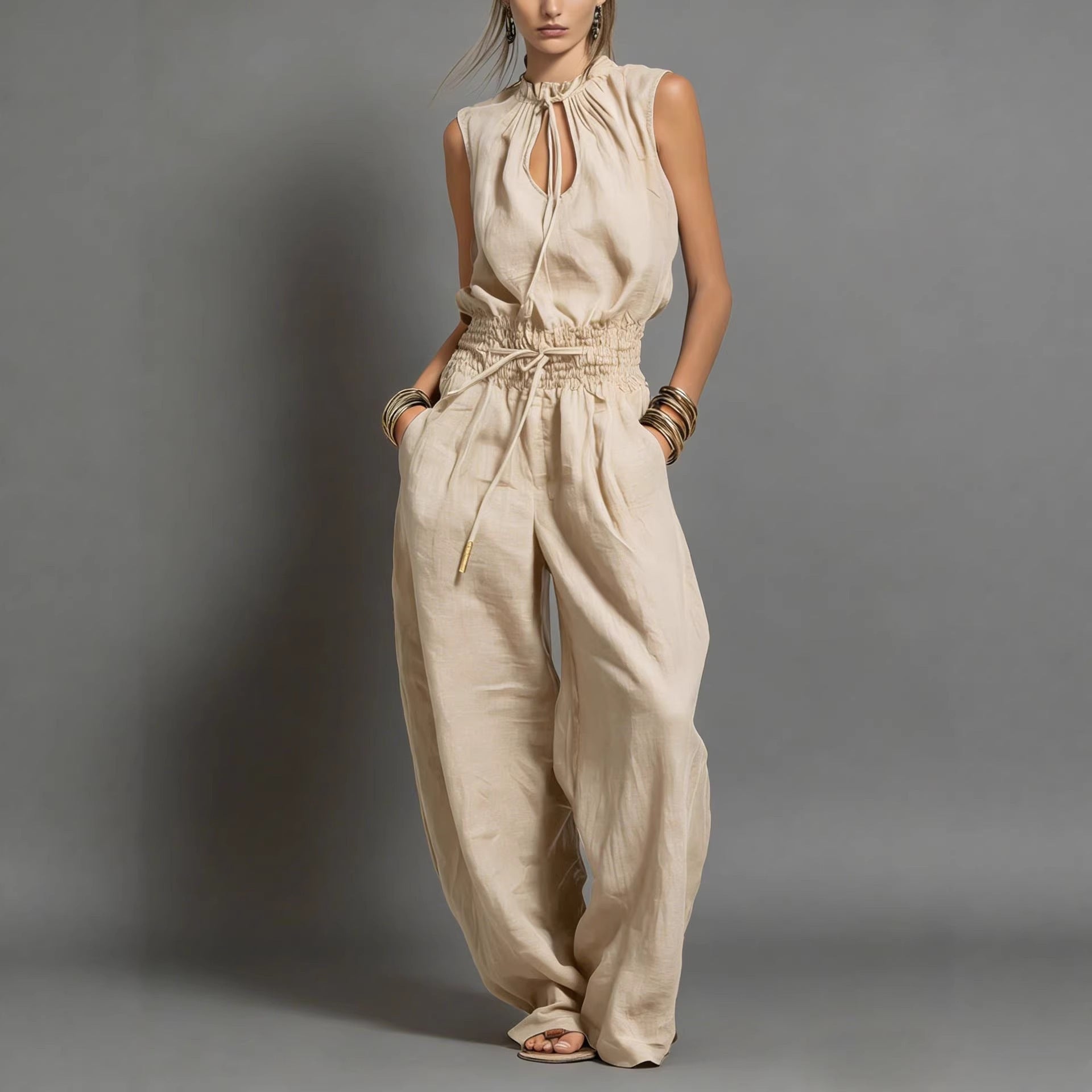 Personalized Street-style Loose-fitting Sleeveless Waist-cinching Wide-leg Jumpsuit 