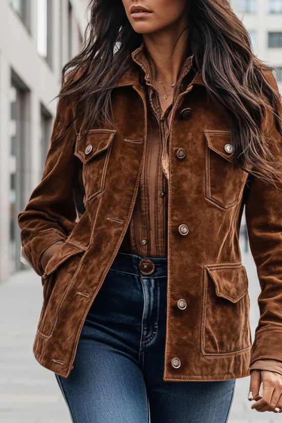Women's Retro Suede Multi-Pocket Lapel Shirt Brown Short Jacket 