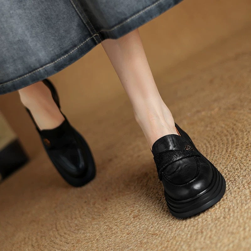 Vintage Womens Chunky-heeled Leather Shoes 