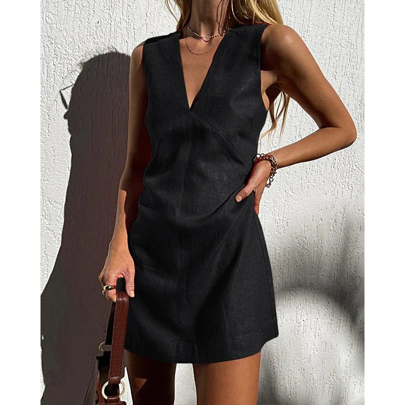 🌿 V-Neck Cotton & Linen Sleeveless Mini Dress – Effortless Summer Chic FitiqueFit