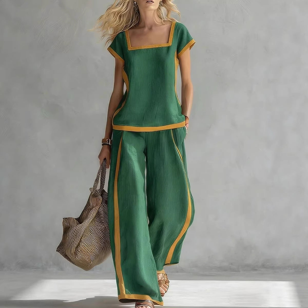 Women's Casual Square-Neck Short-Sleeve Pants Set 