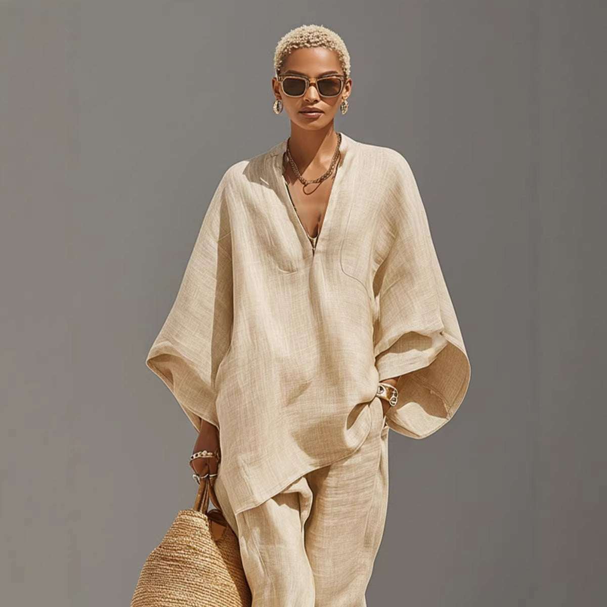 Women's Casual Loose Solid Color Shirt Set 