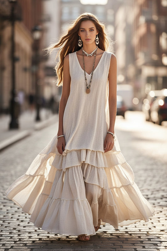 Women's Cotton And Linen Loose Large Skirt Sleeveless Dress 