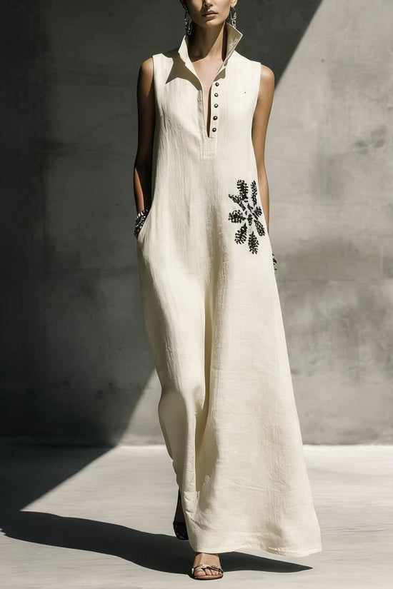 Heat-transfer Graphic Pocket Casual Mandarin-collar Cotton-linen Dress 