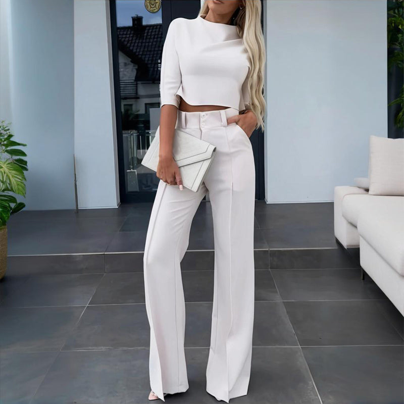 Women's Elegant Solid Color Half Sleeve Short Top With Straight Leg Pants Two-Piece Office Wear Suit With Pockets CJ US