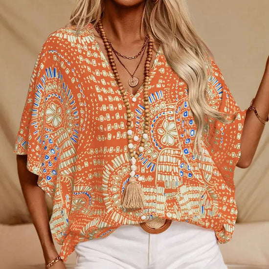 Mandala Print V-Neck Blouse – Casual Vacation Top CJ US