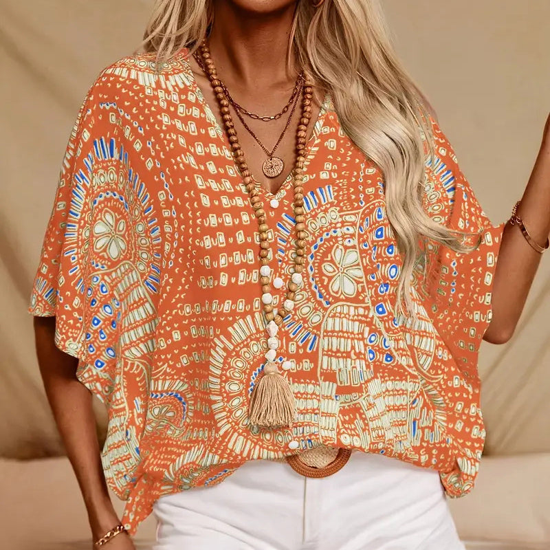 Mandala Print V-Neck Blouse – Casual Vacation Top CJ US