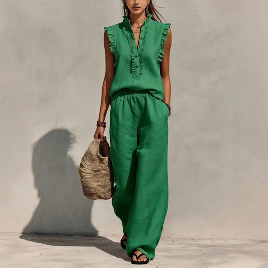 Sleeveless Ruffled V-neck Top And Elastic-waist Wide-leg Pants 