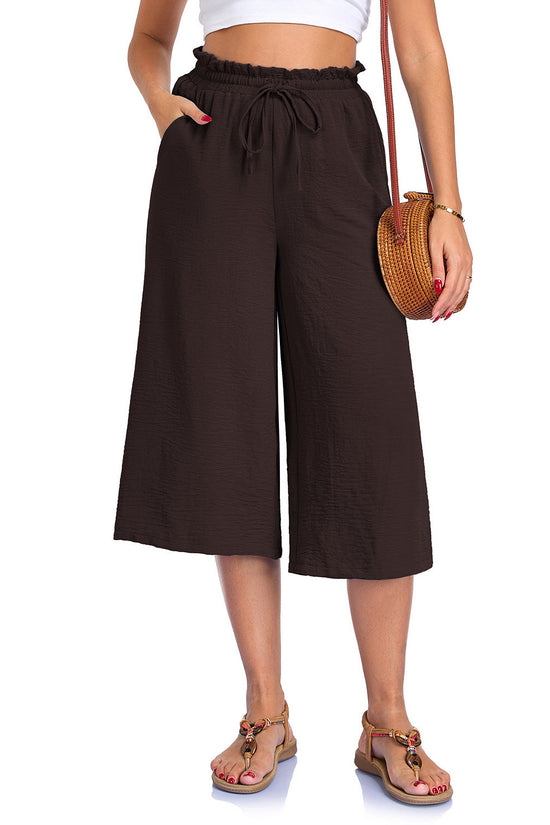 Women's Solid Color All-Match Elastic Cropped Pants Loose Wide-Leg Trousers 