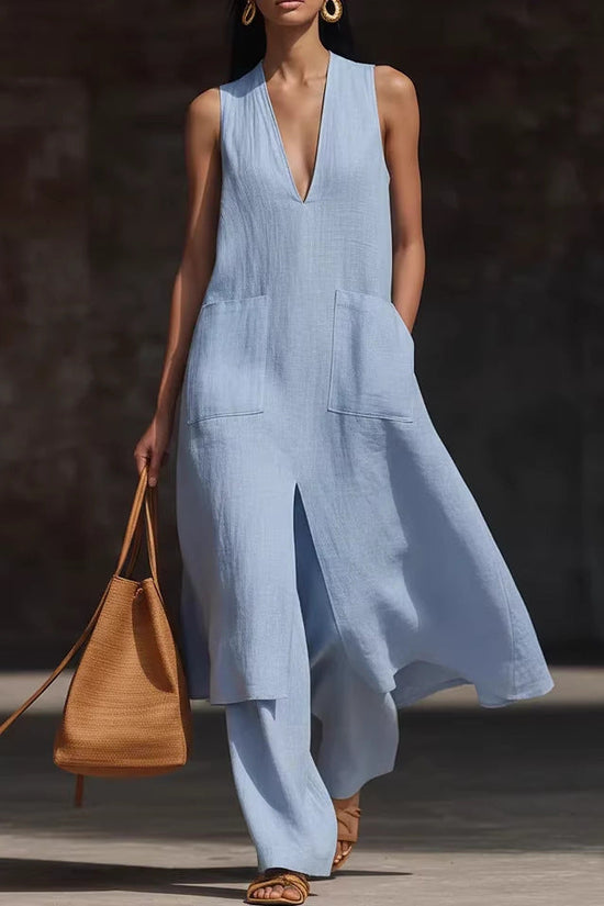 Casual New Style V-Neck Sleeveless Dress Set 