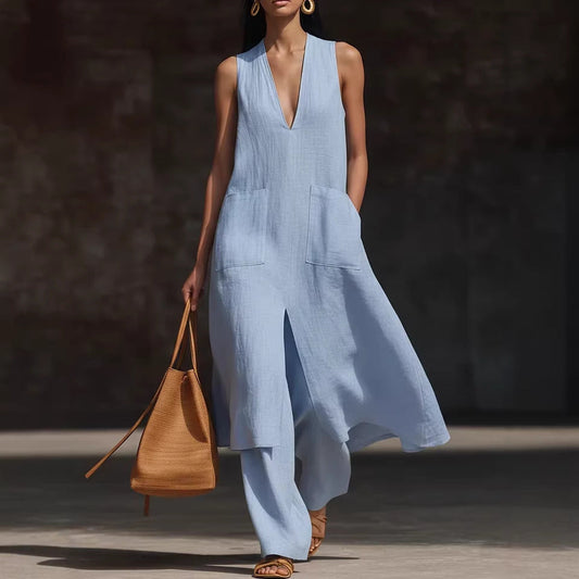 Casual New Style V-Neck Sleeveless Dress Set 