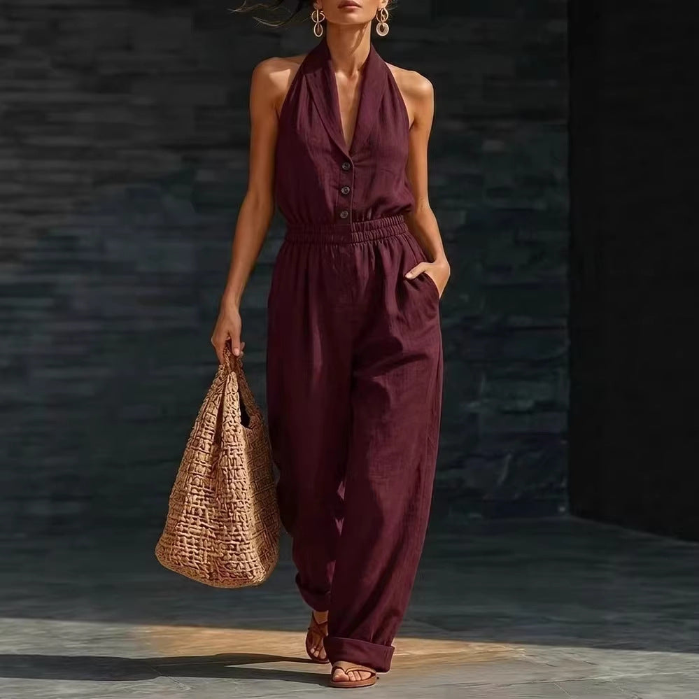 Fashionable Solid-Color Slimming V-Neck Jumpsuit 