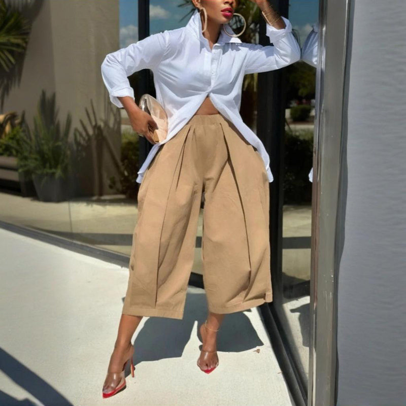 Women's Solid Color Cotton Wide Leg Cropped Pants With Pleats & Pockets - Spring Summer Fashion Comfortable Loose Trousers CJ US