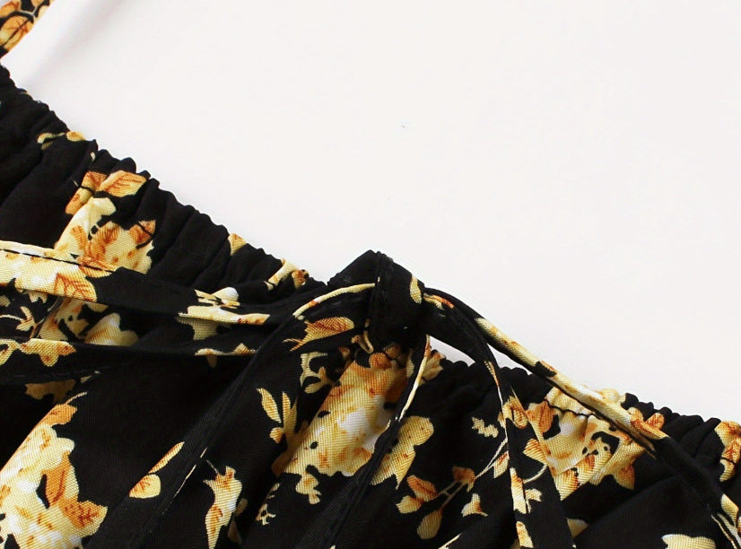 Women’s Floral Backless Maxi Dress – Strappy Dress with Bow & Flowy Skirt 