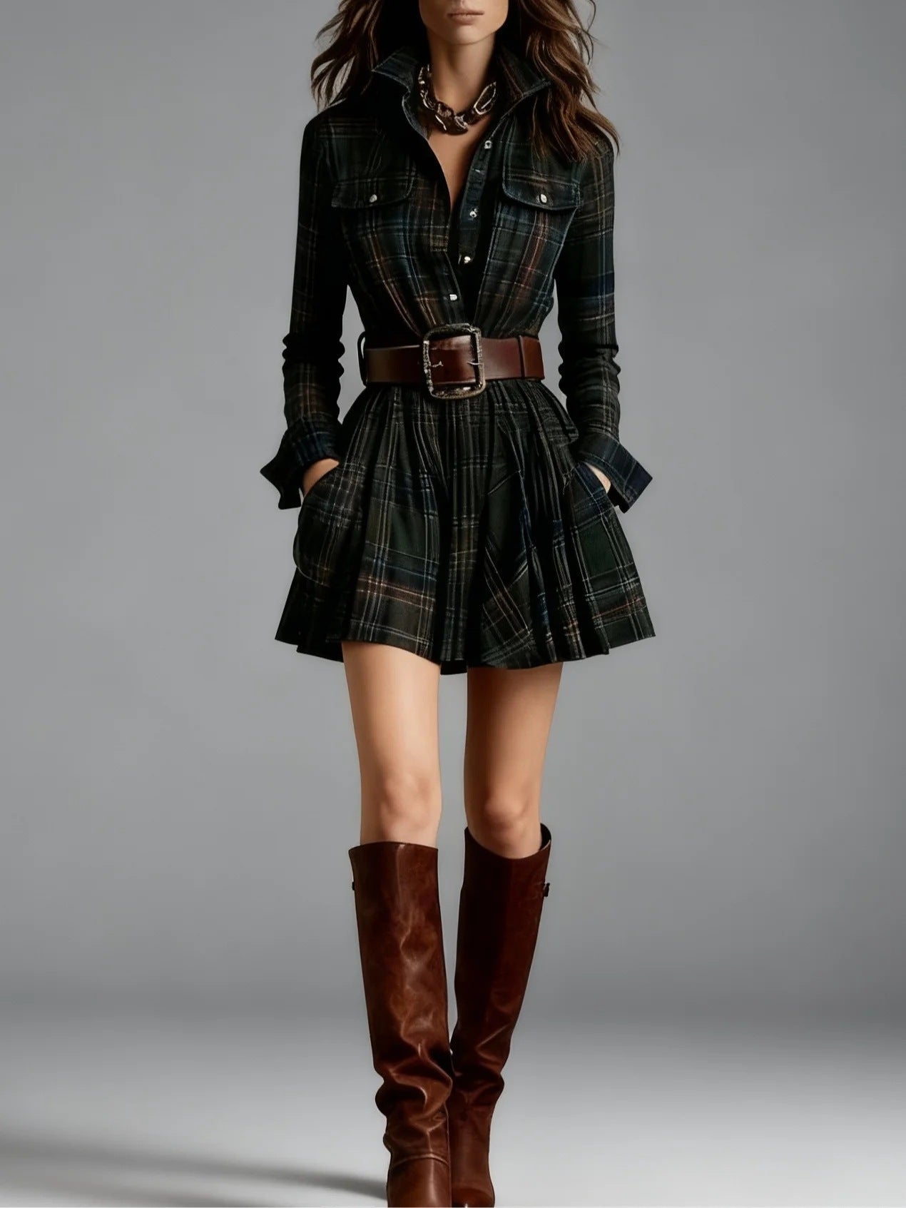 European And American Elegant Plaid Long Sleeve Short Dress Belt 
