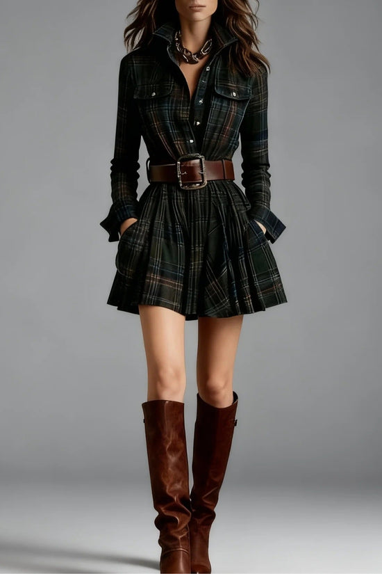 Plaid Collared Sleeveless Fitted Waist Dress 