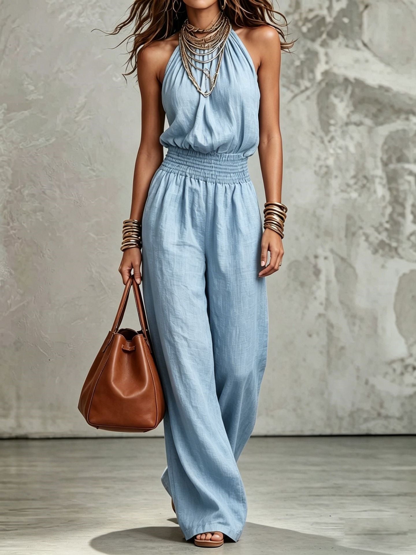Womens Sleeveless Backless Cinched Waist Lace-up Halter Wide-leg Jumpsuit 