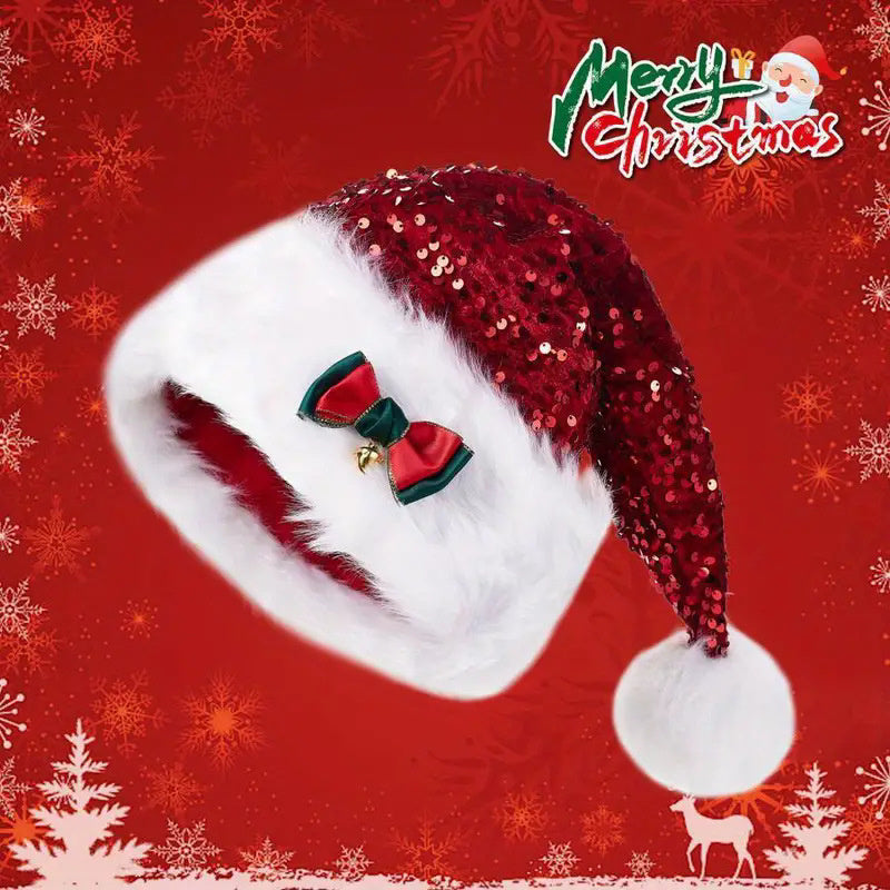Christmas Hat Red Paillette Bowknot Plush Decorative Hat CJ
