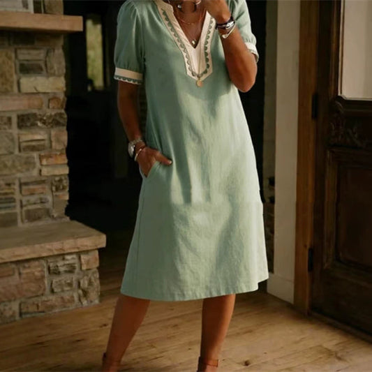 Loose-fit Patchwork Lace Cotton Short-sleeve Dress 