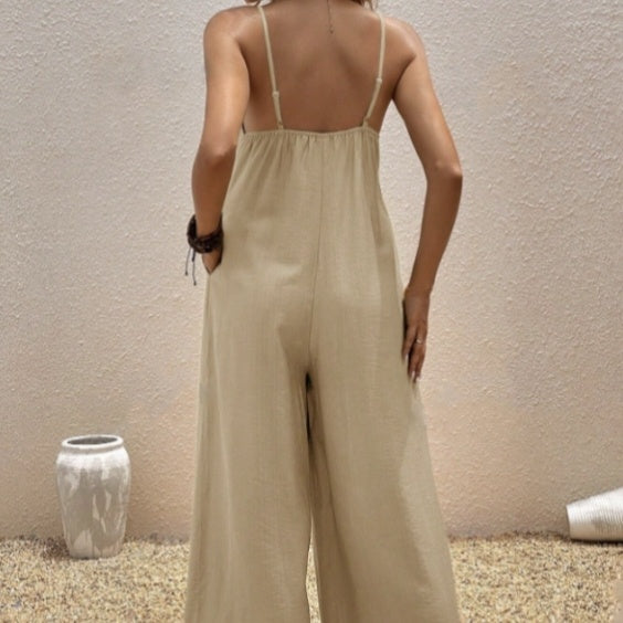 Women’s Casual Suspender Jumpsuit – V-Neck Solid Color Sleeveless One-Piece CJ