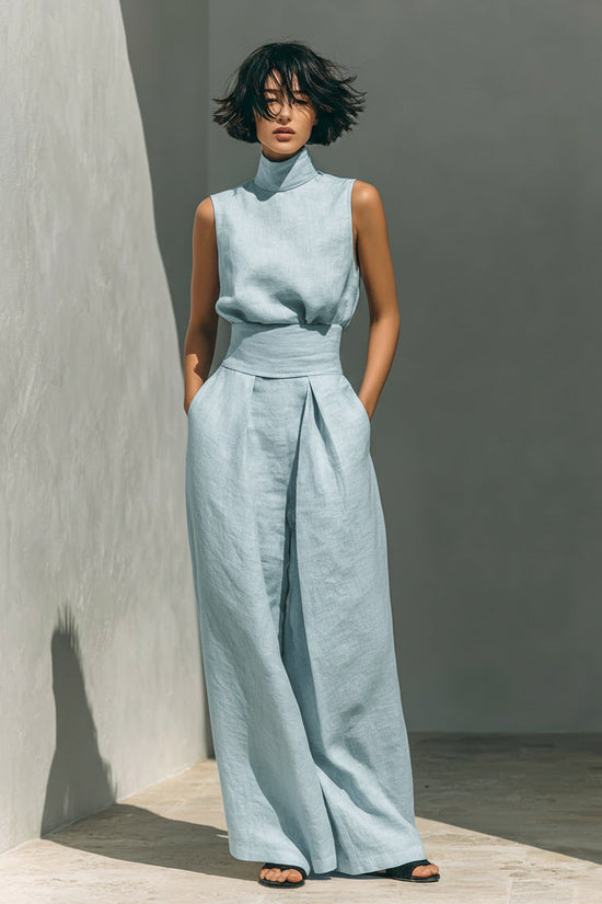 Womens Cotton-Linen Blend Sleeveless Top And Wide-Leg Pants Set 