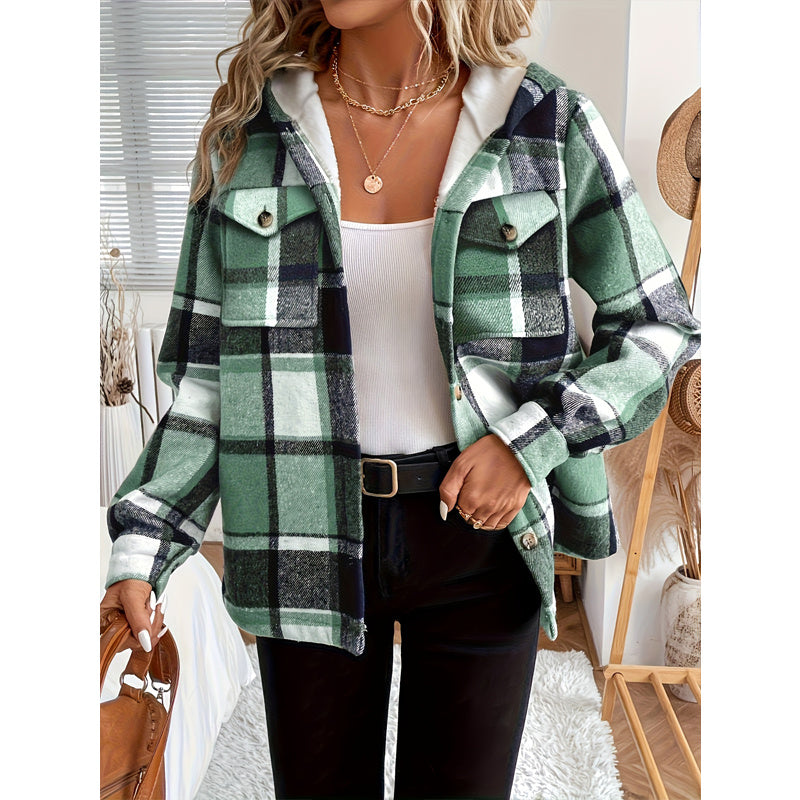 Women's Plaid Fleece Lined Hooded Jacket Button Front Long Sleeve Coat With Pocket For Autumn & Winter CJ US