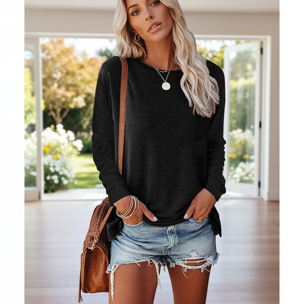 Womens Solid-Color Long-Sleeve Crew-Neck Pullover T-Shirt 