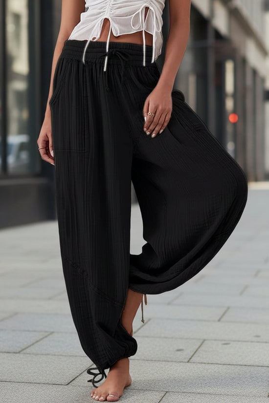 Fashionable Solid-Colored Wide-Leg Pants With Ties And Pockets Long Pants 