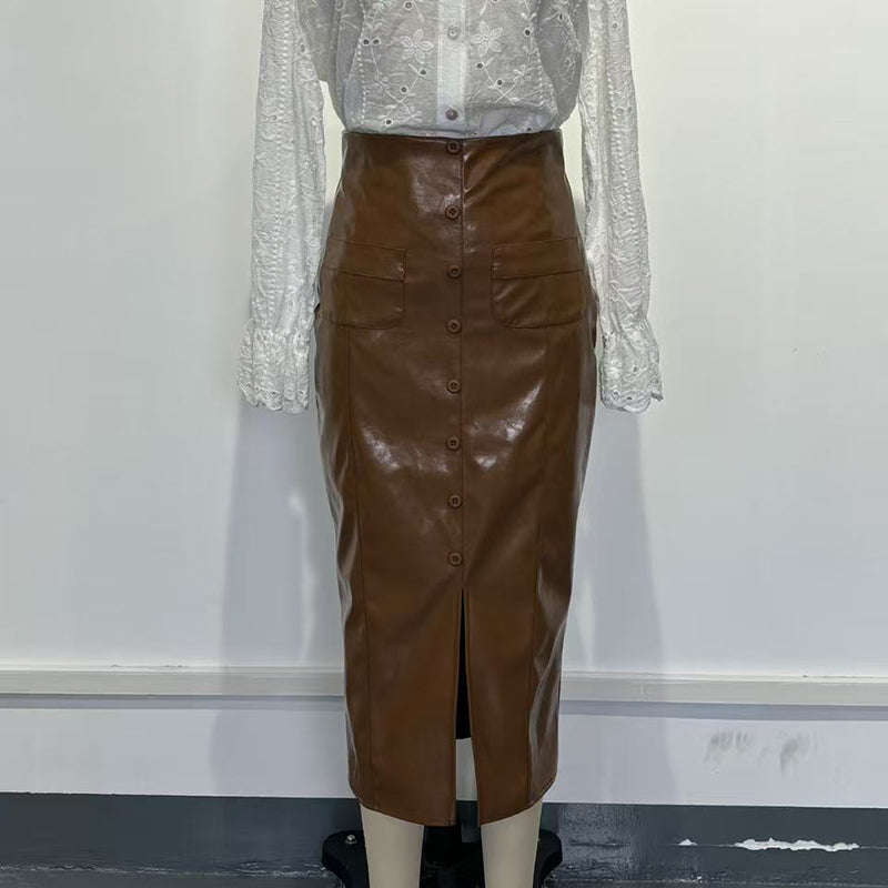 Women's Faux Leather Bodycon Skirt - High Waisted Slim Fit Midi Skirt With Front Slit & Button Decor 