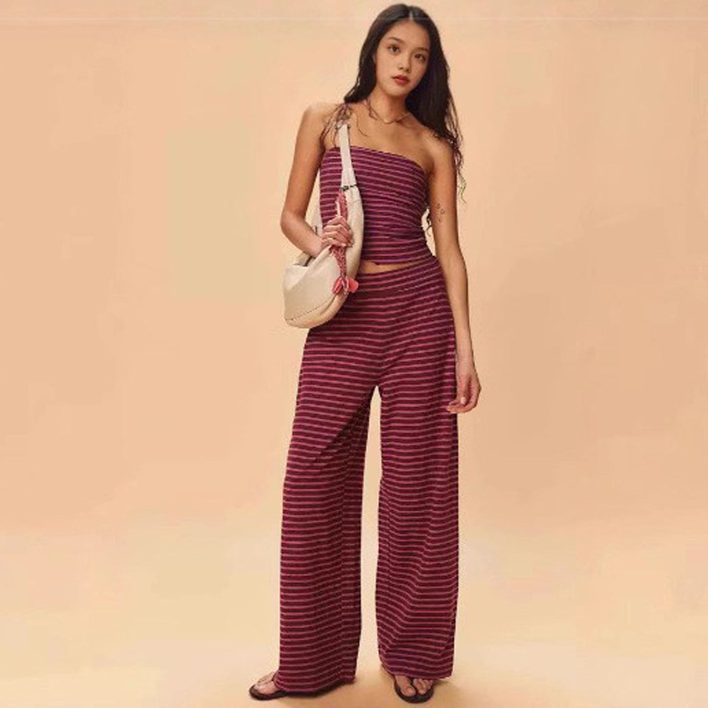 Printed Striped Tube Top And Pants Set 
