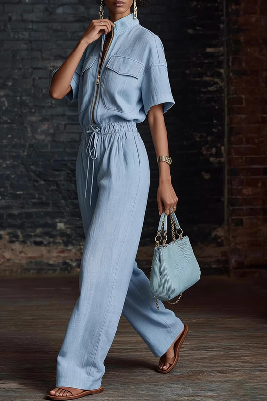 Stand-up Collar Sleeveless Casual Loose-fit Cotton-linen Jumpsuit 