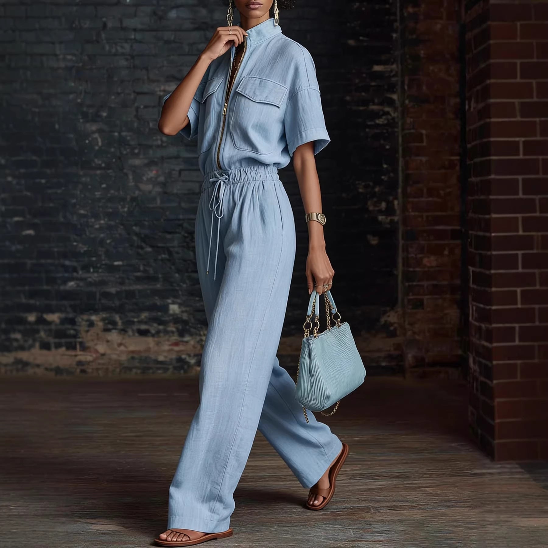 Stand-up Collar Sleeveless Casual Loose-fit Cotton-linen Jumpsuit 