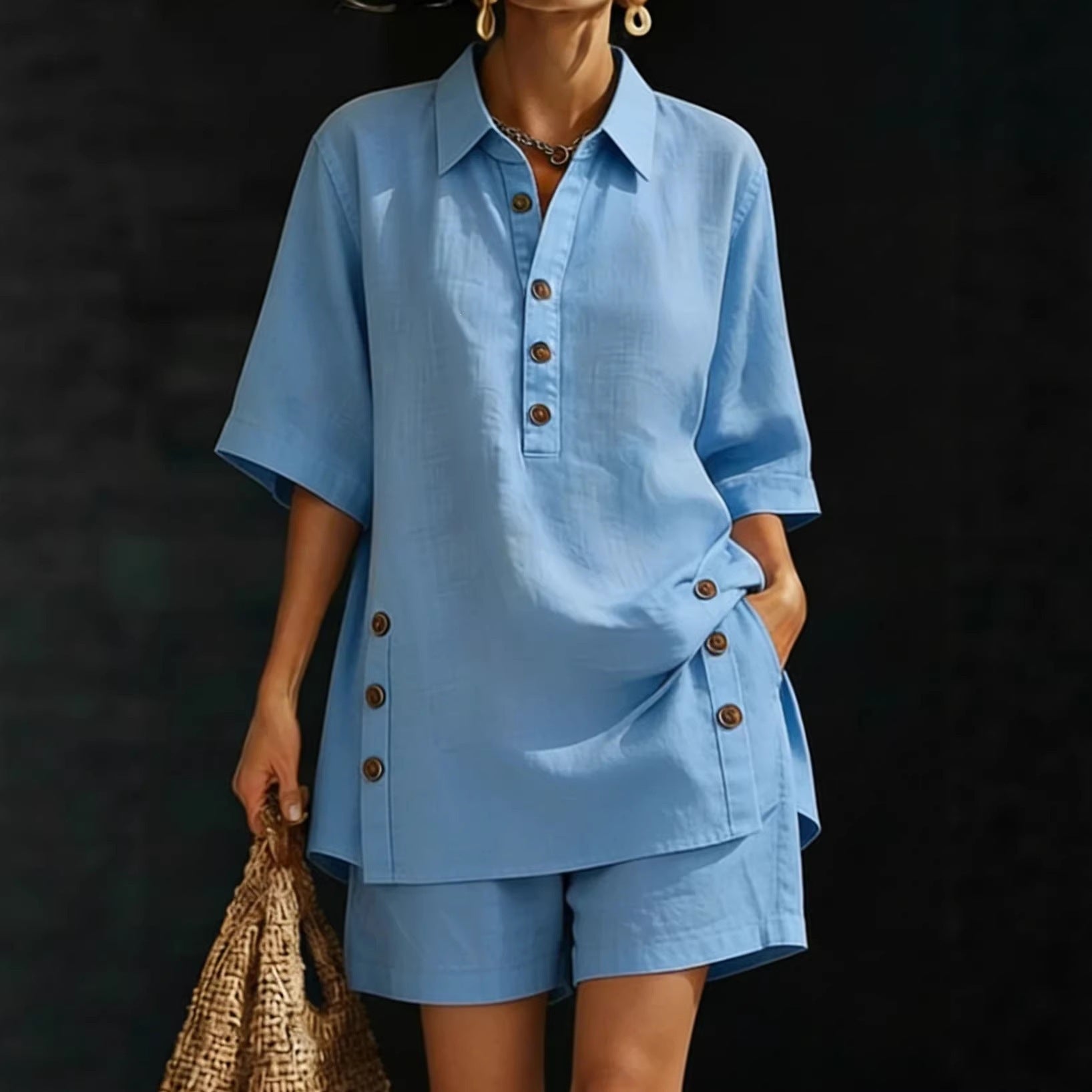 Womens Short-Sleeve Shirt And Loose Pants Two-Piece Set 