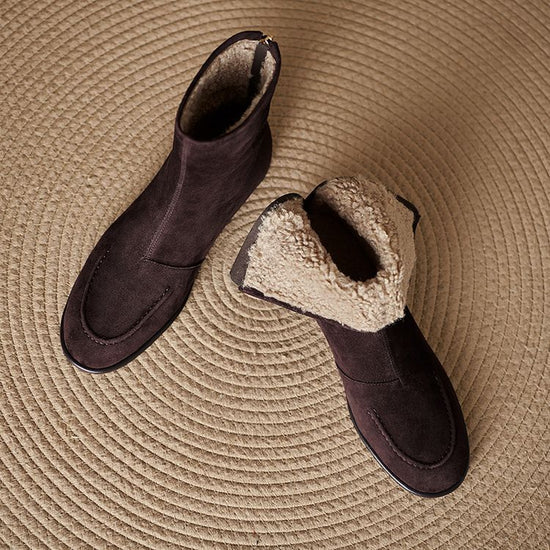 Womens Fleece-Lined Thick Simple Stylish Round-Toe Low-Heel Ankle Boots For FallWinter 