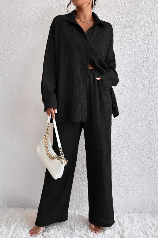 Summer New European And American Style Pleated Long-Sleeve Lapel Loose Two-Piece Set 