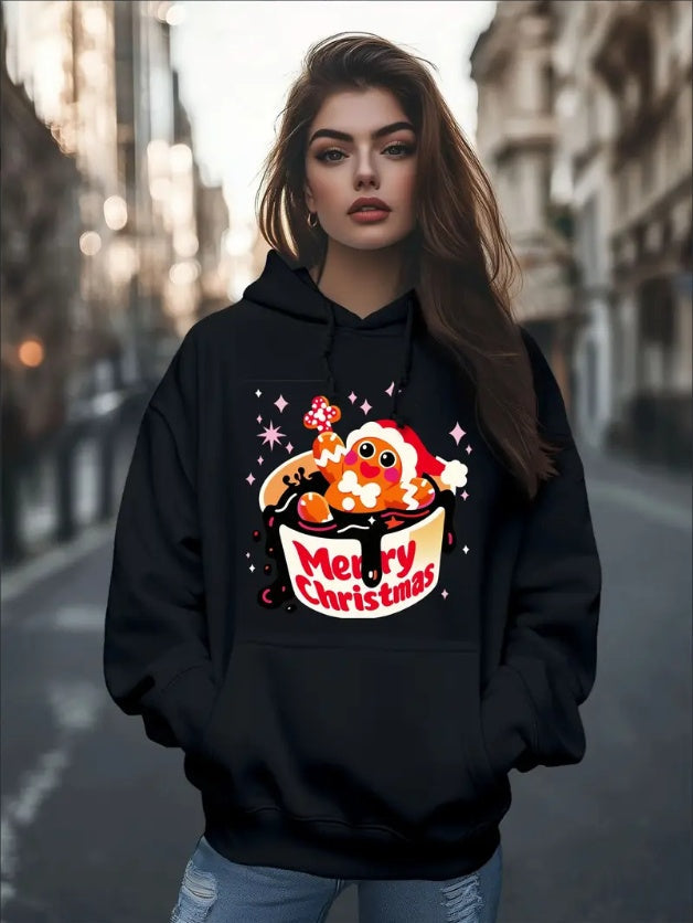 Women'S Fashion Christmas Cute Cartoon Gingerbread Man Stars Coffee Mug Print Hoodies Long Sleeve Hood Sweatshirt Loose Fit Tops Fall Streetwear CJ US