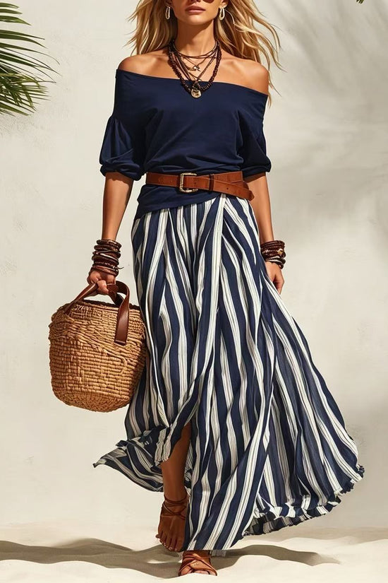 Off-shoulder Top And Slit Skirt Womens Set 