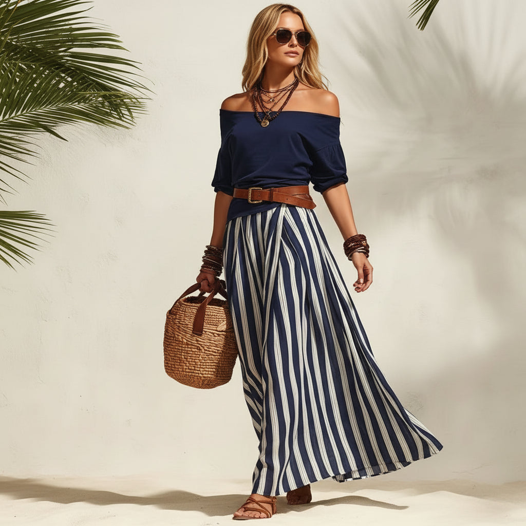 Off-shoulder Top And Slit Skirt Womens Set 