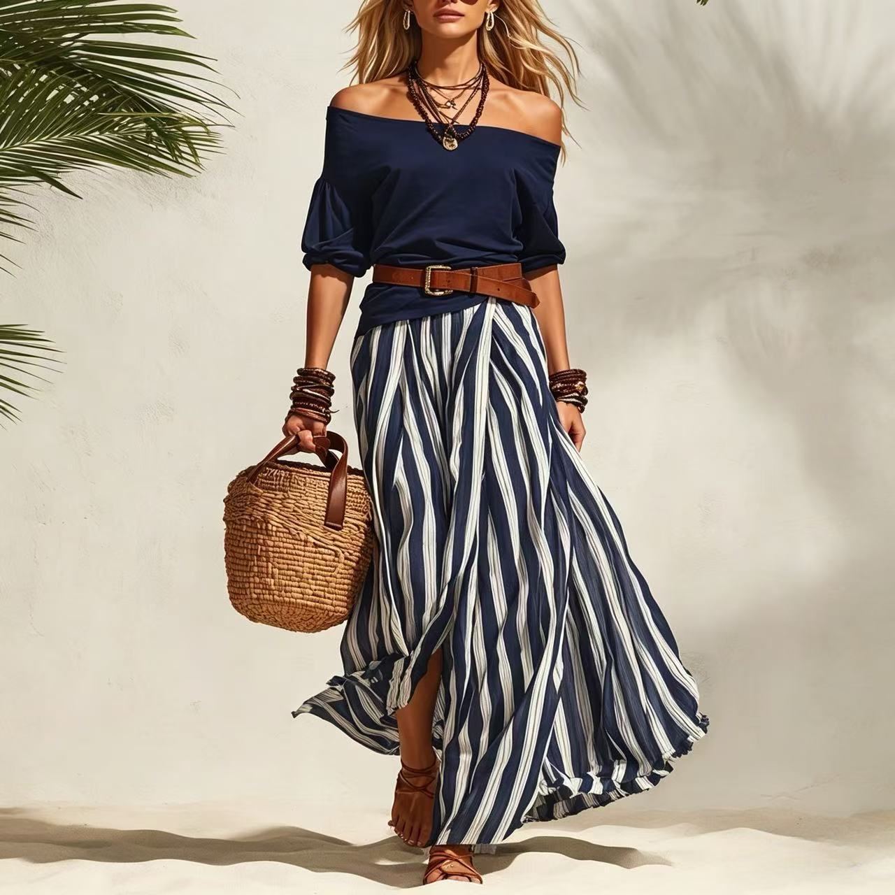 Off-shoulder Top And Slit Skirt Womens Set 