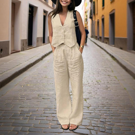 Women’s V‑Neck Button‑Front Vest & High‑Waist Pants Set CJ US