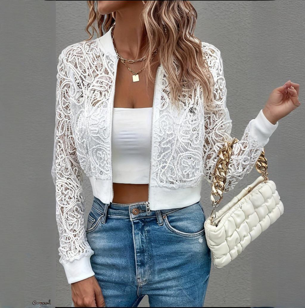 Women's Elegant Lace Short Zip-Up Long Sleeve Jacket Spring Fall Top CJ US